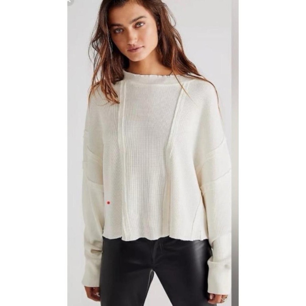 Free People Ellie Cream Waffle Knit Long Sleeve Top size large